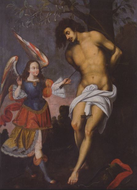 8.Anónimo cuzqueño   San Sebastián confortado por el ángel  s. XVIII Óleo sobre lienzo Iglesia de San Sebastián, Cuzco, Perú 